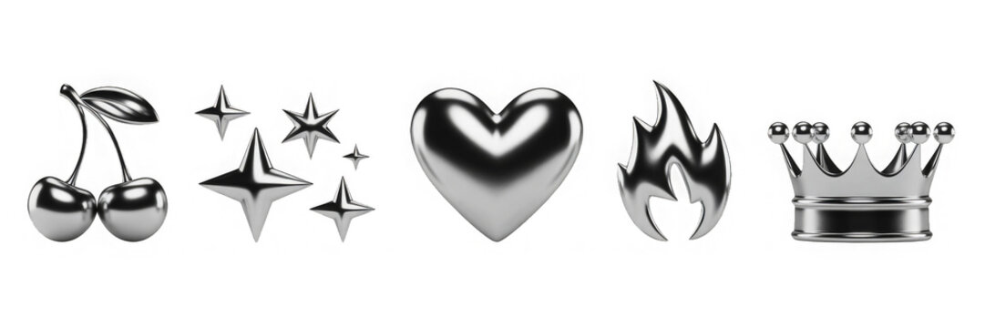 3d set of liquid chrome y2k shape render icon. Silver metal crown, cherry, heart, flame and stars in retro futuristic aesthetic style. Abstract design elements of aluminum or platinum

