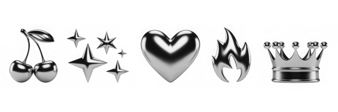 3d set of liquid chrome y2k shape render icon. Silver metal crown, cherry, heart, flame and stars in retro futuristic aesthetic style. Abstract design elements of aluminum or platinum
- Powered by Adobe