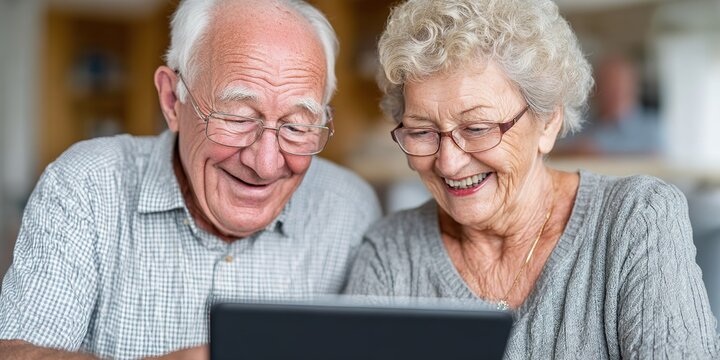 Elderly couple enjoying time together while using a tablet in a cozy indoor setting on a sunny afternoon