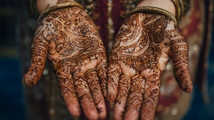 Intricate henna designs on a woman's hands, showcasing traditional artistry and culture.