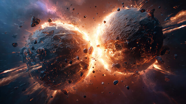 Cosmic collision of planets outer space digital art sci-fi environment dynamic viewpoint celestial concepts