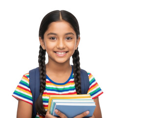 A smiling young indian girl with braided hair wearing a colorful striped shirt and backpack holds books ready for school