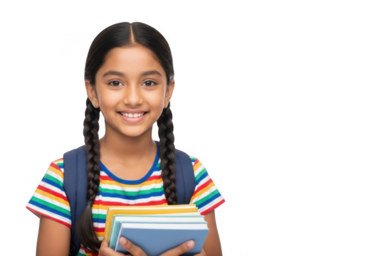 A smiling young indian girl with braided hair wearing a colorful striped shirt and backpack holds books ready for school