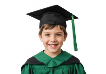 Joyful young boy proudly wearing a graduation cap and gown celebrating a milestone achievement