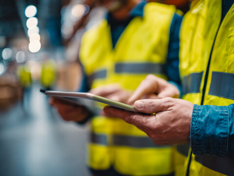 Two warehouse workers wearing bright reflective safety vests collaborate and use a digital tablet to manage inventory and monitor operations in a busy logistics faci