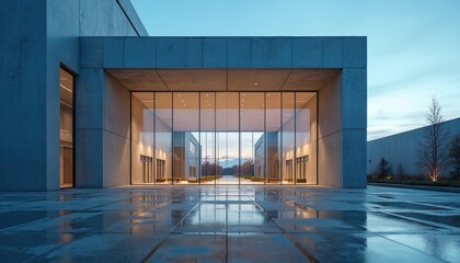 Modern building entrance with large glass panels reflects wet pavement and sky. Exterior architecture features concrete structure. Path leads to distant landscape, serene atmosphere.