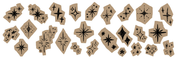Set of grunge scrapbook star stickers designed as cutout paper shapes with chalk-crayon texture. Hand drawn sketchy spark elements for collage, zine, journaling, DIY craft, vintage aesthetic projects.