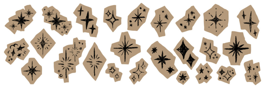 Set of grunge scrapbook star stickers designed as cutout paper shapes with chalk-crayon texture. Hand drawn sketchy spark elements for collage, zine, journaling, DIY craft, vintage aesthetic projects.