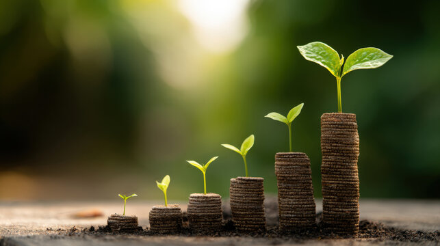 Six young green plants sprout from progressively taller stacks of coins or soil-wrapped material, forming an ascending graph that symbolizes sustainable financial growth, profitable investment, saving