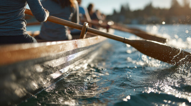 side of wooden rowing shell cutting through the water. Oars are visible, creating splashes in the sunlight, emphasizing teamwork, physical effort, outdoor recreation, and competitive sport.
