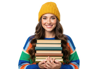 Smiling young woman in a cozy yellow beanie and colorful sweater holds a stack of books against a dark background