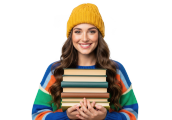 Smiling young woman in a cozy yellow beanie and colorful sweater holds a stack of books against a dark background