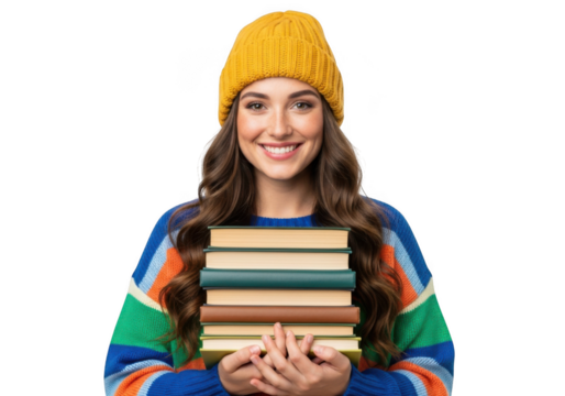 Smiling young woman in a cozy yellow beanie and colorful sweater holds a stack of books against a dark background