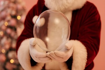 Santa Claus Holding Transparent Glass Magic Ball on Blurred Pink Christmas Background