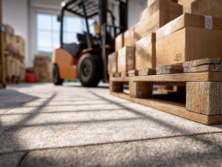 Warehouse interior with wooden pallets stacked with cardboard boxes and a forklift ready for loading or unloading amidst natural light shadows on the floor