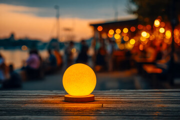 Cozy ambient light fixture on a wooden table during evening by a waterfront with blurred outdoor dining scene