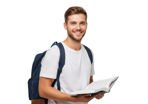 A happy young man with a backpack and an open book smiles confidently at the camera against a stark black background
