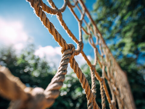 Detailed view of woven natural fiber rope net against bright sky with lush greenery blurred in background on a sunny day