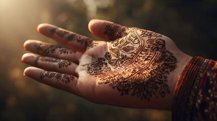 A beautifully designed henna pattern on an open hand, showcasing intricate details and warm sunlight illuminating the design.