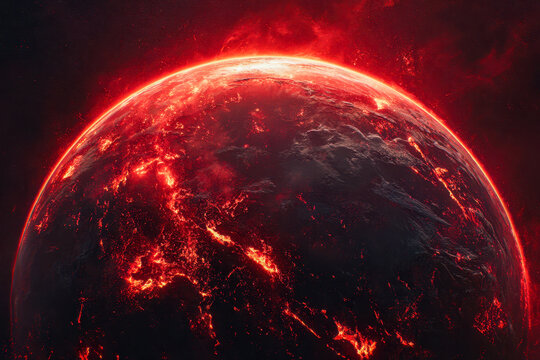 Fiery volcanic planet glowing with intense lava flows and molten surface beneath a glowing red atmosphere in a dramatic space scene