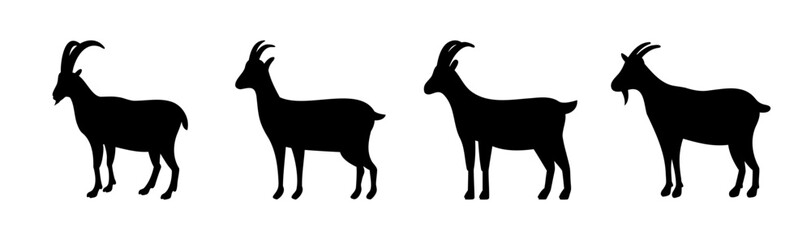 Black goat silhouettes, farm animal vector illustration art.