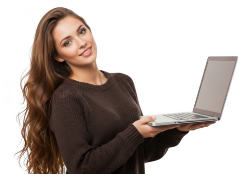 Smiling young woman with long brown hair wearing a dark sweater holds a silver laptop against a black background looking at the camera