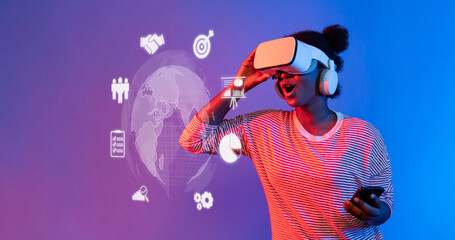 A young woman immersed in virtual reality explores innovative concepts of global business and finance, surrounded by digital symbols representing technology and strategy. XDMCP