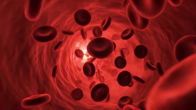 A detailed illustration of blood cells flowing through a blood vessel, highlighting the complex structure and vibrant red color of the circulatory system