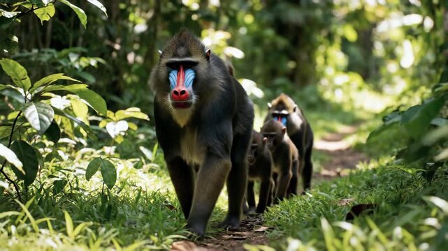 A mandrill family walking on a forest path in the african jungle