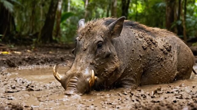 An african warthog wallowing in a muddy pool, covered in dirt, in a dense forest