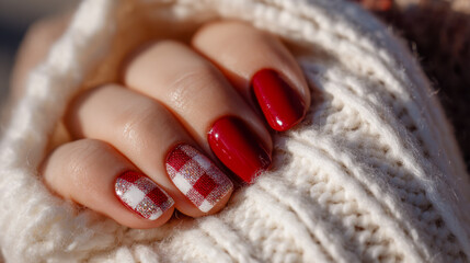 Woman's hand with festive red and white checkered nail art wrapped in a cozy cream knit sweater on a cold day with natural light highlighting the design