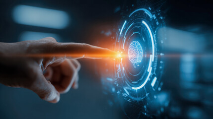 Human finger interacting with glowing digital interface displaying futuristic brain hologram concept technology in a dark environment with orange light effects
