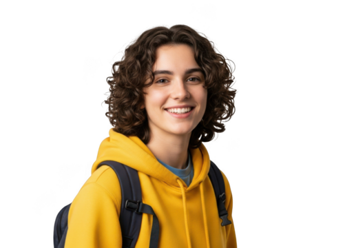 Smiling young person with curly brown hair wearing a bright yellow hoodie and backpack against a solid black background