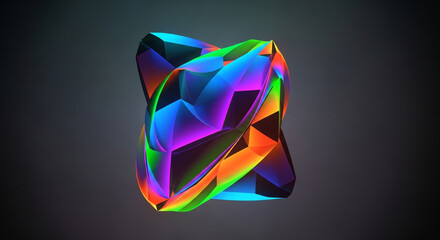 A vibrant, multi-colored, abstract geometric crystal glowing with iridescent light against a dark, neutral background.