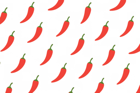 Spicy red chili peppers form a fiery background pattern. The arrangement of chili ingredients repeats on a transparent backdrop