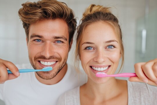 Smiling couple brushing teeth side by side in a bright bathroom, showcasing a playful morning routine with toothbrushes and a cheerful atmosphere