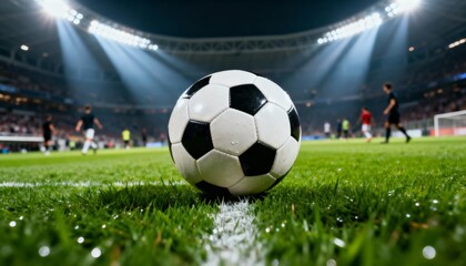 Fototapeta premium Classic football on grass at stadium, vibrant match-day scene