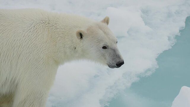 Polar bear navigating snowy sea ice, profile and body details captured as it moves along the frozen shoreline in a polar region, highlighting textured white fur and powerful paws