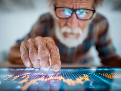 Elderly man wearing glasses analyzing financial data and stock market trends on a digital touchscreen display with focus on his hand exploring the information