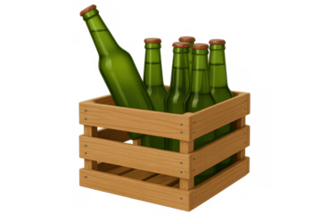 Green glass beer bottles packed inside a rustic wooden crate, representing alcohol consumption and beverage packaging