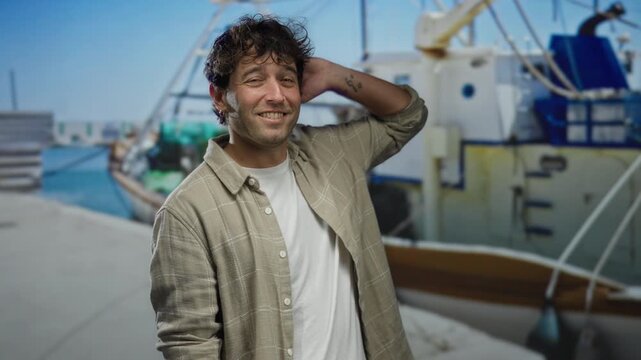 Hispanic man smiling at a port with boats in the background, enjoying the outdoor marina atmosphere in a casual plaid shirt under a bright blue sky.