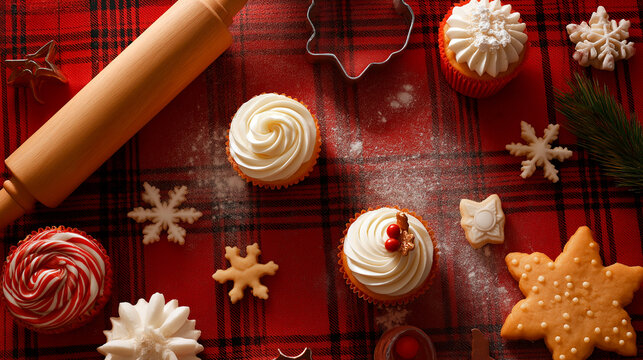 Christmas cupcakes and cookies with frosting and baking tools on red plaid tablecloth in festive holiday kitchen setting