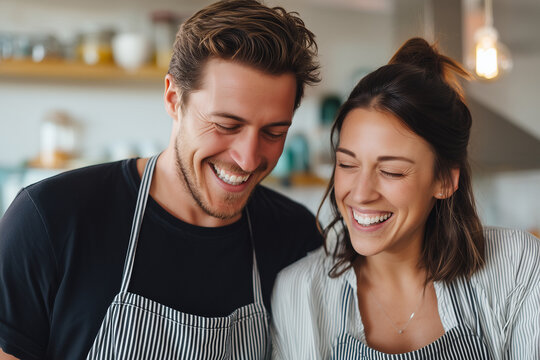 close-up young couple laughing while cooking breakfast together, natural messy kitchen light, spontaneous moment, 