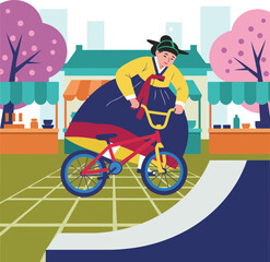 Fototapeta premium Woman in traditional korean hanbok riding a bmx bike