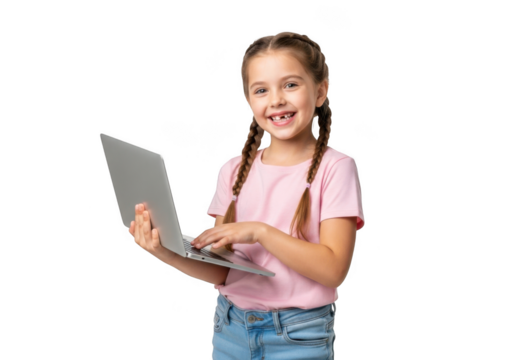 Smiling young girl with braids holding a laptop and typing on a black background