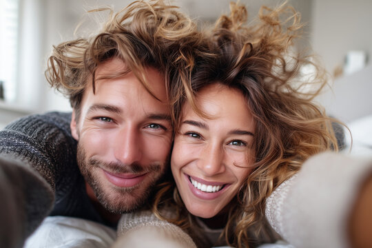 close-up couple taking a playful selfie lying in bed with messy morning hair, cozy intimacy, 