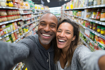 close-up couple laughing while taking a selfie in grocery store aisle, everyday realism, 