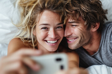 close-up couple taking a playful selfie lying in bed with messy morning hair, cozy intimacy, 