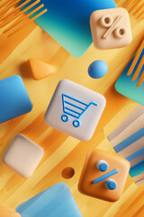 Abstract digital illustration featuring floating shopping icons on a vibrant gradient background, showcasing modern marketing concepts with copy space