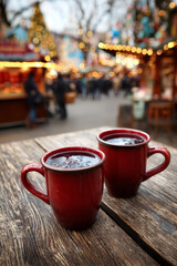 Two vibrant red mugs filled with steaming mulled wine resting on a rustic wooden table, surrounded by a festive Christmas market atmosphere with twinkling lights and cheerful ambiance